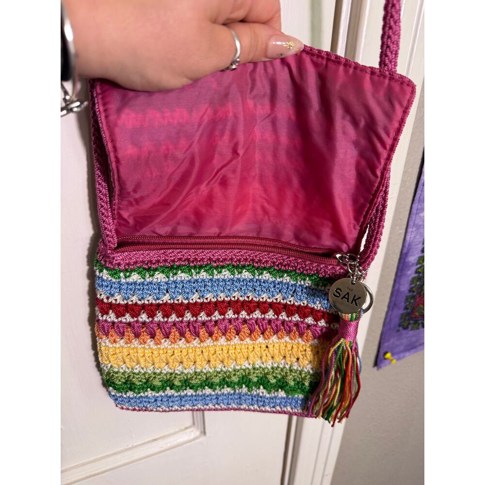 The Sak Crochet Crossbody Bag Multicolor Striped Boho Pink Tassel Small Purse - Picture 5 of 7